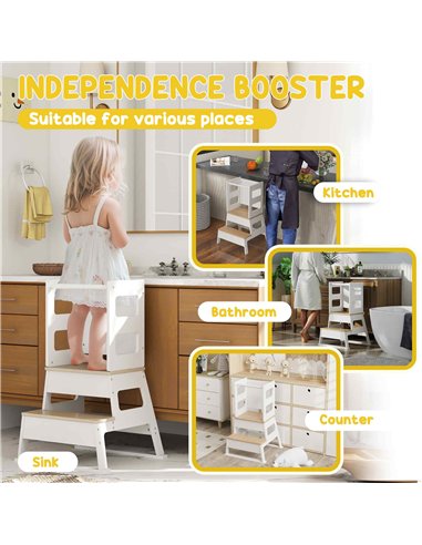 AIYAPLAY 2-in-1 Toddler Tower with Chalkboard, Safety Rail for Kitchen, Counter, Bathroom, Sink, White