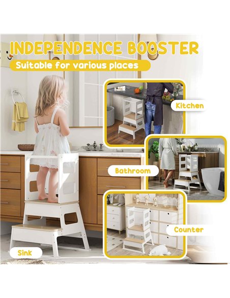 AIYAPLAY 2-in-1 Toddler Tower with Chalkboard, Safety Rail for Kitchen, Counter, Bathroom, Sink, White