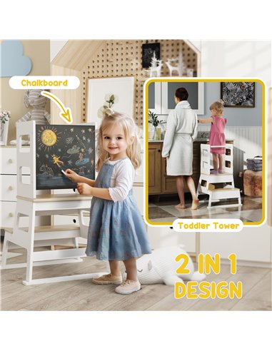 AIYAPLAY 2-in-1 Toddler Tower with Chalkboard, Safety Rail for Kitchen, Counter, Bathroom, Sink, White