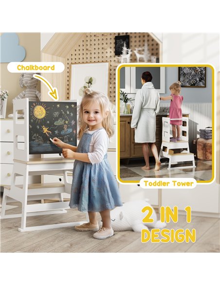 AIYAPLAY 2-in-1 Toddler Tower with Chalkboard, Safety Rail for Kitchen, Counter, Bathroom, Sink, White