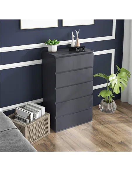 HOMCOM 5-Drawer Modern Dresser, High Gloss Storage Drawer Unit for Bedroom, Grey