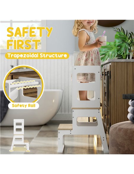 AIYAPLAY 2-in-1 Toddler Tower with Chalkboard, Safety Rail for Kitchen, Counter, Bathroom, Sink, White