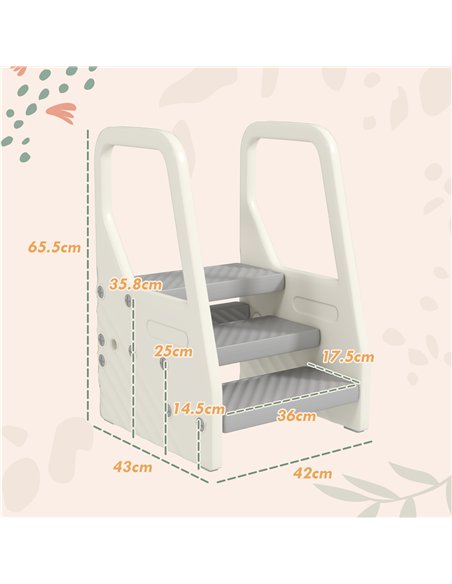AIYAPLAY Adjustable 3 Step Toddler Tower with Handles, Non-slip Surface and Foot Pads, Grey