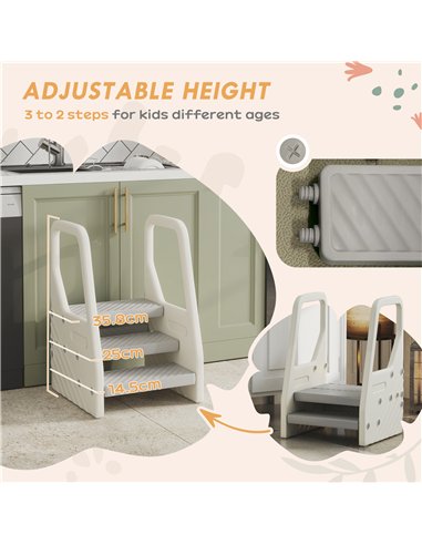 AIYAPLAY Adjustable 3 Step Toddler Tower with Handles, Non-slip Surface and Foot Pads, Grey