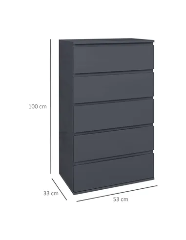 HOMCOM 5-Drawer Modern Dresser, High Gloss Storage Drawer Unit for Bedroom, Grey