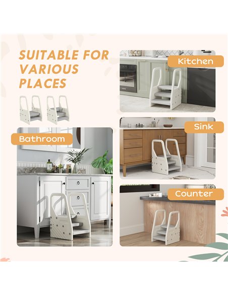 AIYAPLAY Adjustable 3 Step Toddler Tower with Handles, Non-slip Surface and Foot Pads, Grey