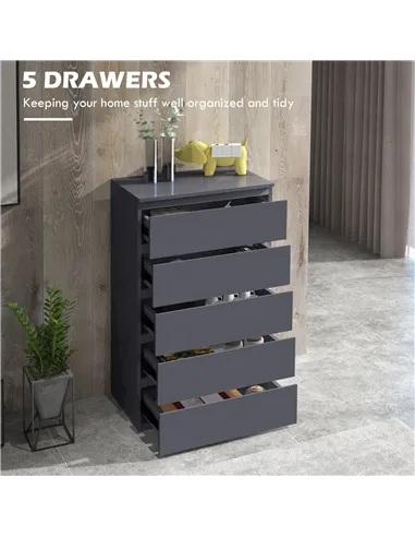 HOMCOM 5-Drawer Modern Dresser, High Gloss Storage Drawer Unit for Bedroom, Grey