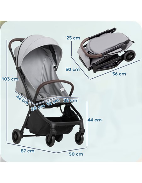 AIYAPLAY Foldable Baby Stroller with Adjustable Seat, 5-Point Harness, Canopy, Basket, 6.3kg Lightweight & Compact, Light Grey