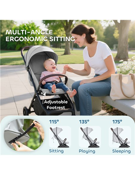 AIYAPLAY Foldable Baby Stroller with Adjustable Seat, 5-Point Harness, Canopy, Basket, 6.3kg Lightweight & Compact, Light Grey