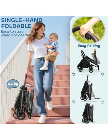 AIYAPLAY Foldable Baby Stroller with Adjustable Seat, 5-Point Harness, Canopy, Basket, 6.3kg Lightweight & Compact, Light Grey
