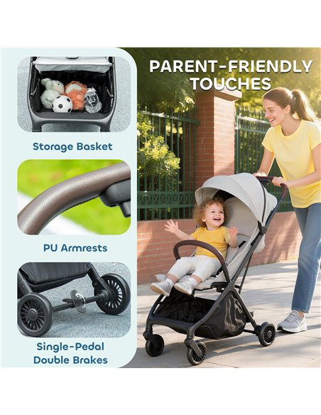 AIYAPLAY Foldable Baby Stroller with Adjustable Seat, 5-Point Harness, Canopy, Basket, 6.3kg Lightweight & Compact, Light Grey