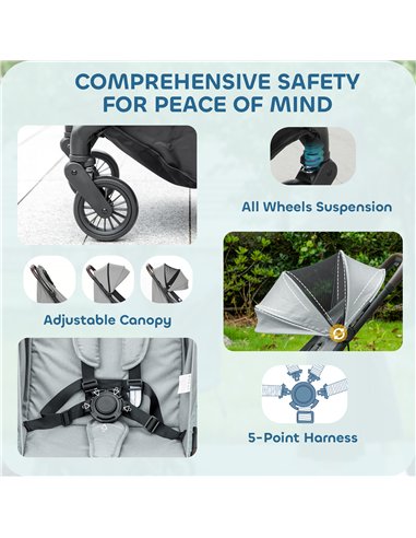 AIYAPLAY Foldable Baby Stroller with Adjustable Seat, 5-Point Harness, Canopy, Basket, 6.3kg Lightweight & Compact, Light Grey
