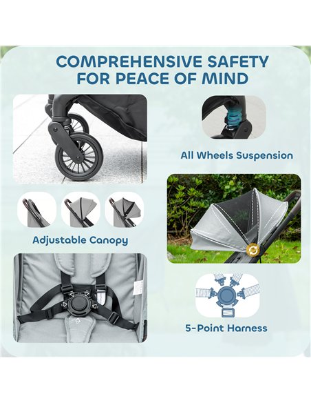 AIYAPLAY Foldable Baby Stroller with Adjustable Seat, 5-Point Harness, Canopy, Basket, 6.3kg Lightweight & Compact, Light Grey