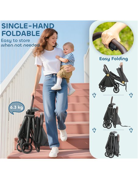 AIYAPLAY Foldable Baby Stroller with Adjustable Seat, 5-Point Harness, Canopy, Basket, 6.3kg Lightweight & Compact, Dark Grey