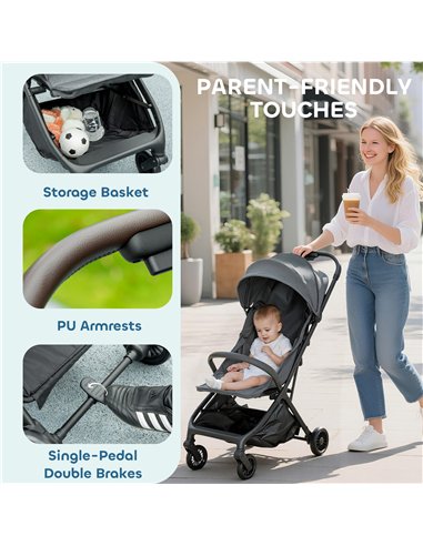 AIYAPLAY Foldable Baby Stroller with Adjustable Seat, 5-Point Harness, Canopy, Basket, 6.3kg Lightweight & Compact, Dark Grey