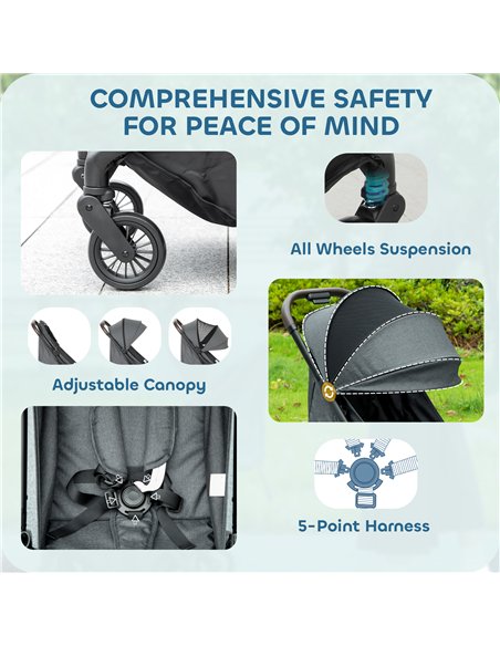 AIYAPLAY Foldable Baby Stroller with Adjustable Seat, 5-Point Harness, Canopy, Basket, 6.3kg Lightweight & Compact, Dark Grey