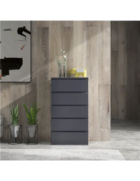 HOMCOM 5-Drawer Modern Dresser, High Gloss Storage Drawer Unit for Bedroom, Grey