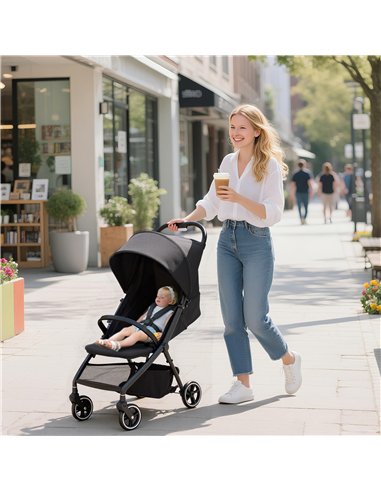 AIYAPLAY Travel Stroller, Lightweight Pushchair, Compact Buggy with Canopy, Basket and Multi-Position Recline, Dark Grey