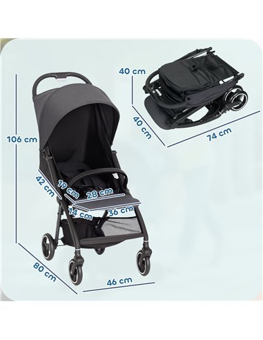 AIYAPLAY Travel Stroller, Lightweight Pushchair, Compact Buggy with Canopy, Basket and Multi-Position Recline, Dark Grey
