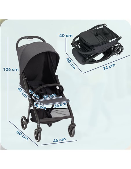 AIYAPLAY Travel Stroller, Lightweight Pushchair, Compact Buggy with Canopy, Basket and Multi-Position Recline, Dark Grey