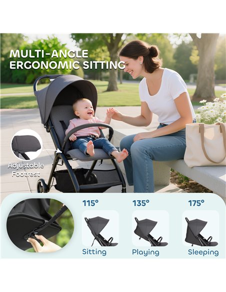 AIYAPLAY Travel Stroller, Lightweight Pushchair, Compact Buggy with Canopy, Basket and Multi-Position Recline, Dark Grey
