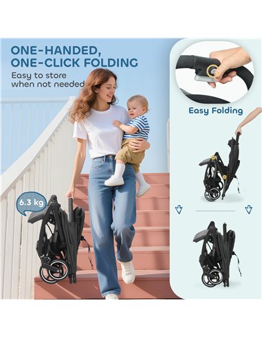 AIYAPLAY Travel Stroller, Lightweight Pushchair, Compact Buggy with Canopy, Basket and Multi-Position Recline, Dark Grey