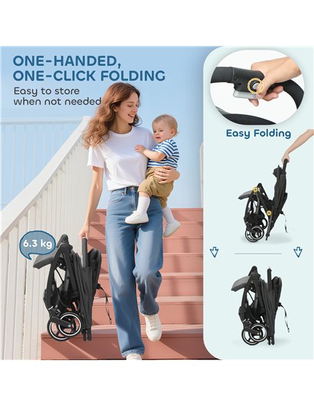 AIYAPLAY Travel Stroller, Lightweight Pushchair, Compact Buggy with Canopy, Basket and Multi-Position Recline, Dark Grey