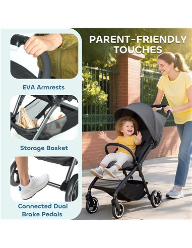 AIYAPLAY Travel Stroller, Lightweight Pushchair, Compact Buggy with Canopy, Basket and Multi-Position Recline, Dark Grey
