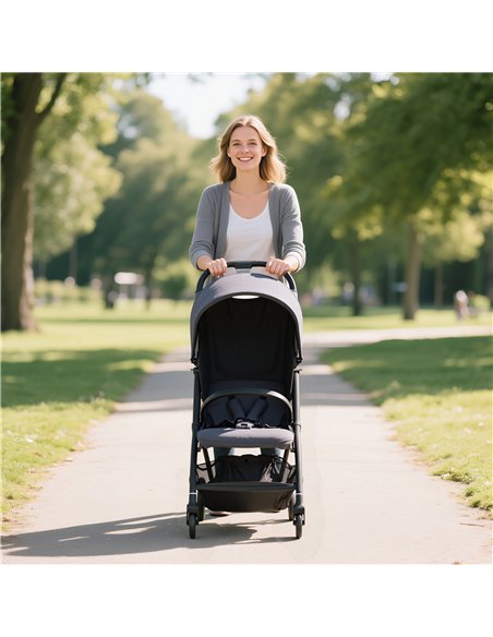 AIYAPLAY Travel Stroller, Lightweight Pushchair, Compact Buggy with Canopy, Basket and Multi-Position Recline, Dark Grey
