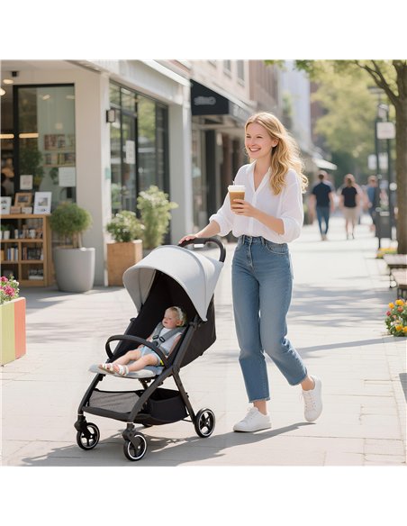 AIYAPLAY Travel Stroller, Lightweight Pushchair, Compact Buggy with Canopy, Basket and Multi-Position Recline, Light Grey