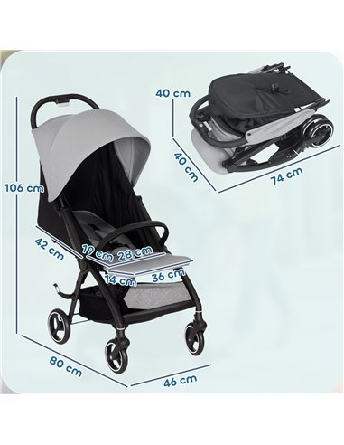 AIYAPLAY Travel Stroller, Lightweight Pushchair, Compact Buggy with Canopy, Basket and Multi-Position Recline, Light Grey