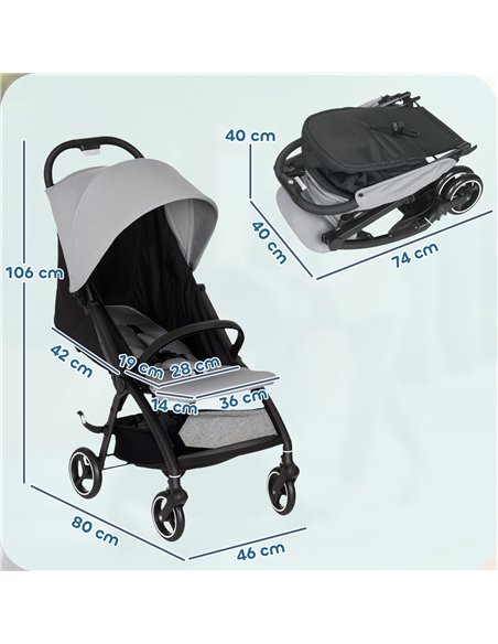 AIYAPLAY Travel Stroller, Lightweight Pushchair, Compact Buggy with Canopy, Basket and Multi-Position Recline, Light Grey