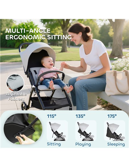AIYAPLAY Travel Stroller, Lightweight Pushchair, Compact Buggy with Canopy, Basket and Multi-Position Recline, Light Grey