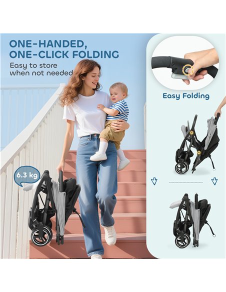 AIYAPLAY Travel Stroller, Lightweight Pushchair, Compact Buggy with Canopy, Basket and Multi-Position Recline, Light Grey