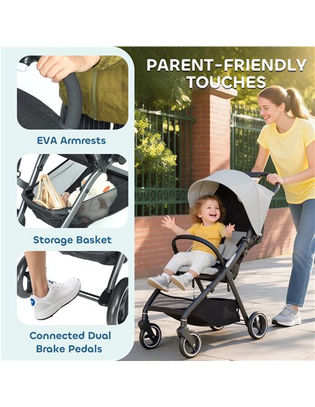 AIYAPLAY Travel Stroller, Lightweight Pushchair, Compact Buggy with Canopy, Basket and Multi-Position Recline, Light Grey