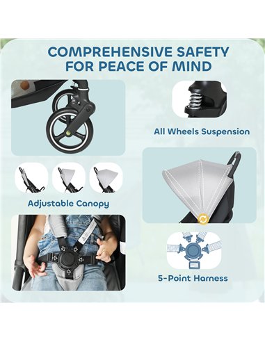 AIYAPLAY Travel Stroller, Lightweight Pushchair, Compact Buggy with Canopy, Basket and Multi-Position Recline, Light Grey
