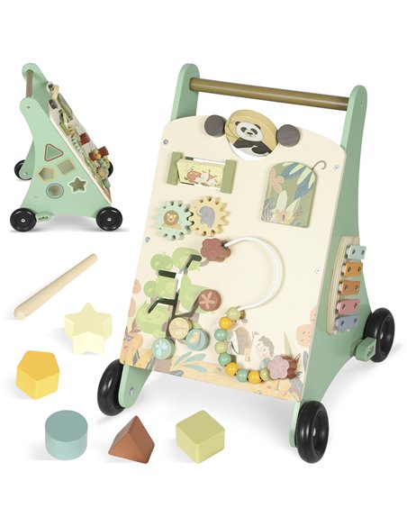 AIYAPLAY Wooden Baby Walker, Push Along Walker Toys with Speed Control, Xylophone, gears and Bead Maze, Green