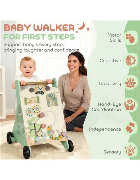 AIYAPLAY Wooden Baby Walker, Push Along Walker Toys with Speed Control, Xylophone, gears and Bead Maze, Green