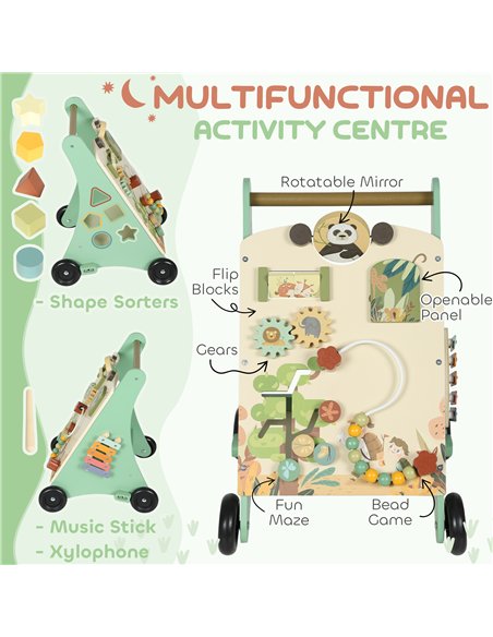 AIYAPLAY Wooden Baby Walker, Push Along Walker Toys with Speed Control, Xylophone, gears and Bead Maze, Green