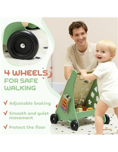 AIYAPLAY Wooden Baby Walker, Push Along Walker Toys with Speed Control, Xylophone, gears and Bead Maze, Green