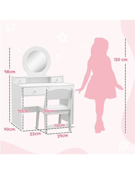 AIYAPLAY Kids Dressing Table Set Kids Make up Table with Stool and Mirror, Storage Drawers, Gift for Aged 3-8