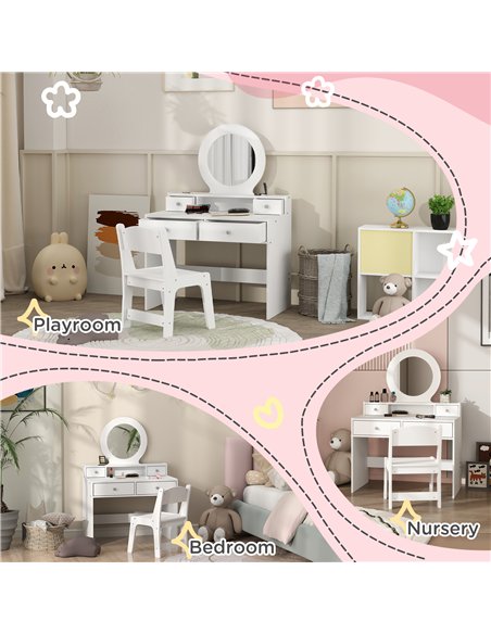 AIYAPLAY Kids Dressing Table Set Kids Make up Table with Stool and Mirror, Storage Drawers, Gift for Aged 3-8