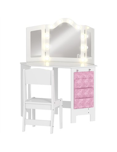 AIYAPLAY Kids Dressing Table and Stool Set, Girls Vanity Table with 2-Colour LED Lights, Tri-Folding Mirror, White