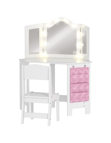 AIYAPLAY Kids Dressing Table and Stool Set, Girls Vanity Table with 2-Colour LED Lights, Tri-Folding Mirror, White
