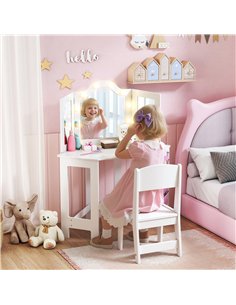 AIYAPLAY Kids Dressing Table and Stool Set, Girls Vanity Table with 2-Colour LED Lights, Tri-Folding Mirror, White 2