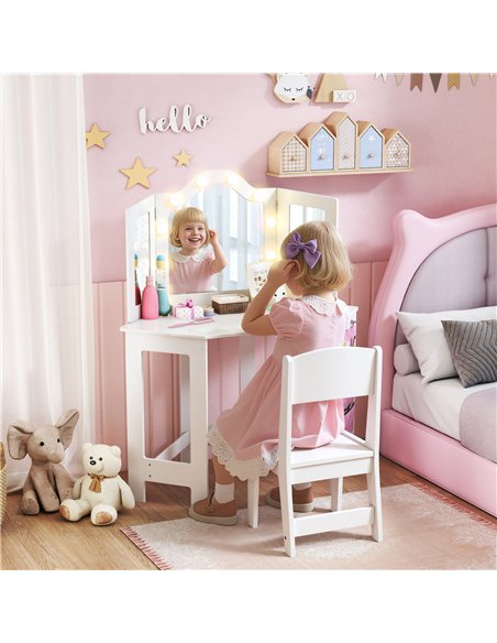 AIYAPLAY Kids Dressing Table and Stool Set, Girls Vanity Table with 2-Colour LED Lights, Tri-Folding Mirror, White