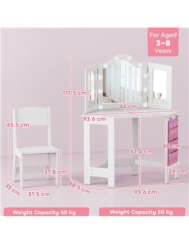 AIYAPLAY Kids Dressing Table and Stool Set, Girls Vanity Table with 2-Colour LED Lights, Tri-Folding Mirror, White