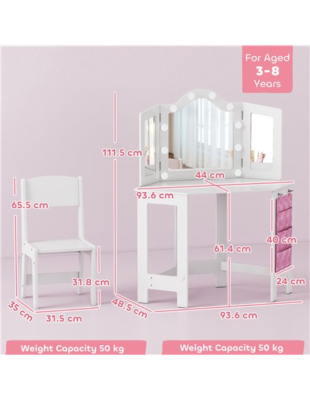 AIYAPLAY Kids Dressing Table and Stool Set, Girls Vanity Table with 2-Colour LED Lights, Tri-Folding Mirror, White
