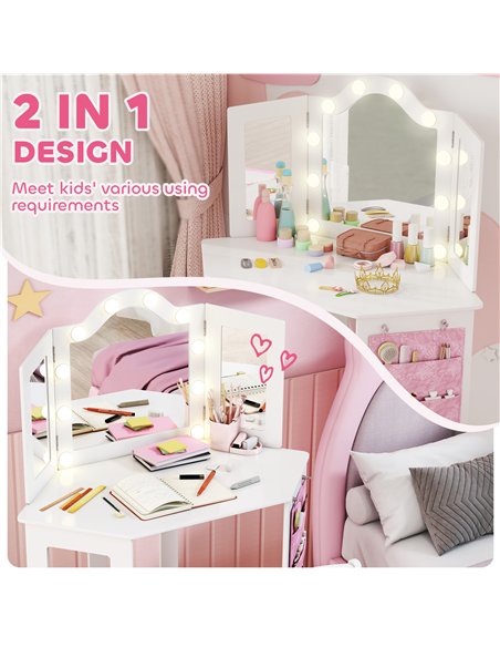 AIYAPLAY Kids Dressing Table and Stool Set, Girls Vanity Table with 2-Colour LED Lights, Tri-Folding Mirror, White