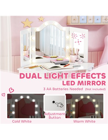 AIYAPLAY Kids Dressing Table and Stool Set, Girls Vanity Table with 2-Colour LED Lights, Tri-Folding Mirror, White